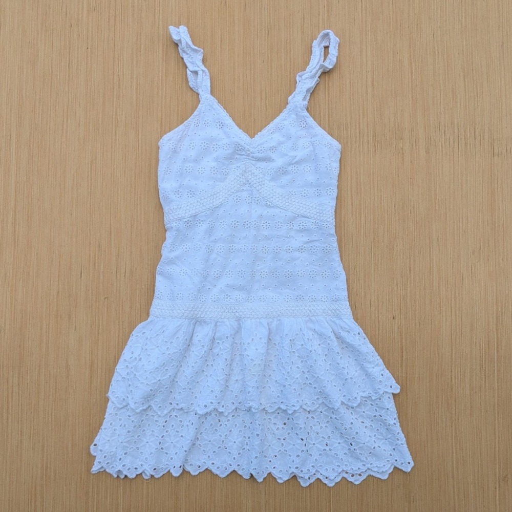 Sim & Sam Dress Floral Eyelet White Tiered Coquette Mini Sundress‎ Women's Small